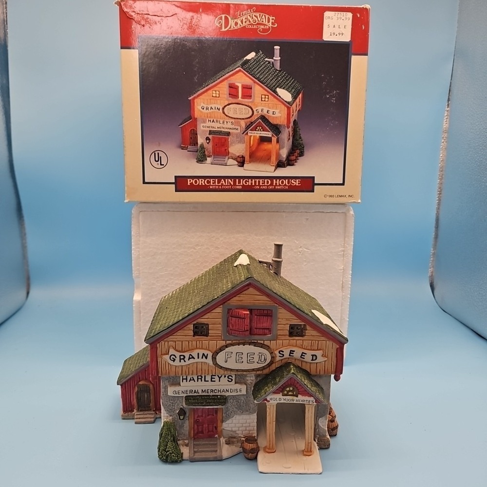 Vintage Lemax "Harley's Feed Store" Hand Painted Porcelain House 1993 *No Light*